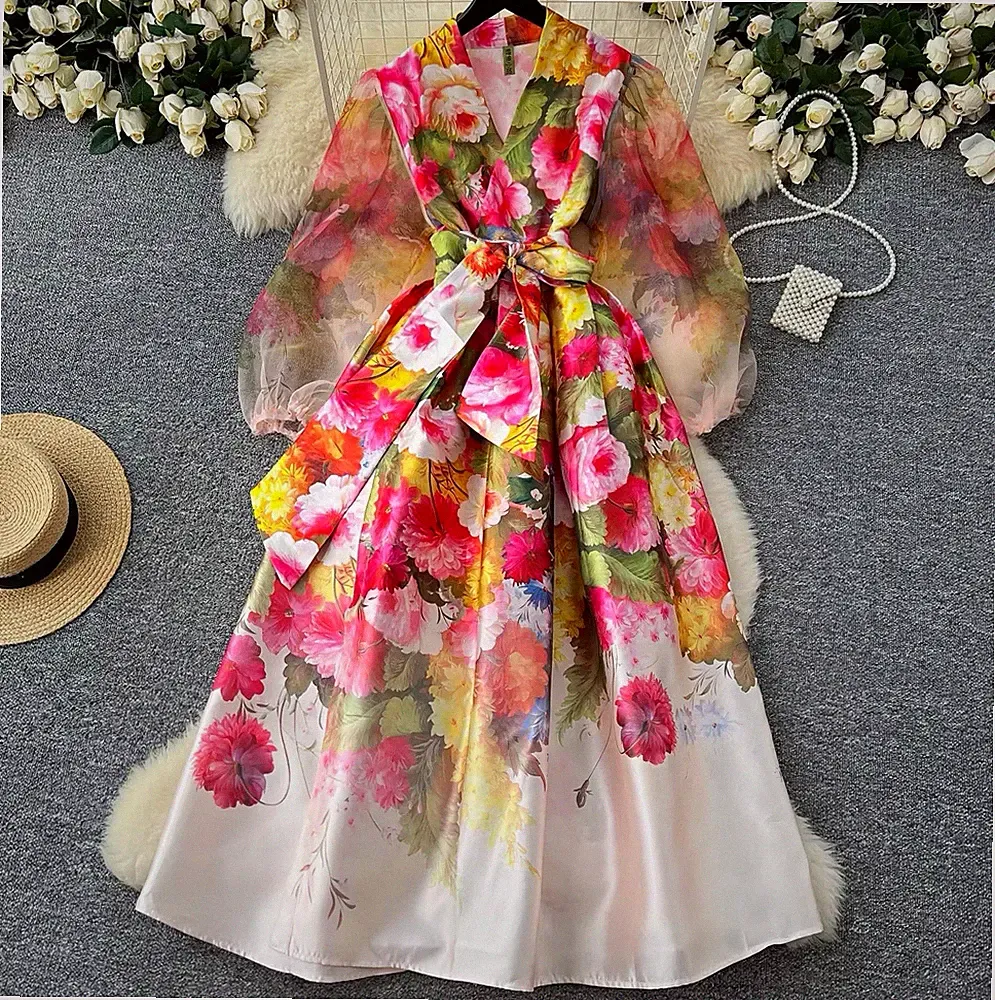 Damen Midikleid A-Linie 2XL Mehrfarbig Blumen V-Ausschnitt Langarm Gürtel