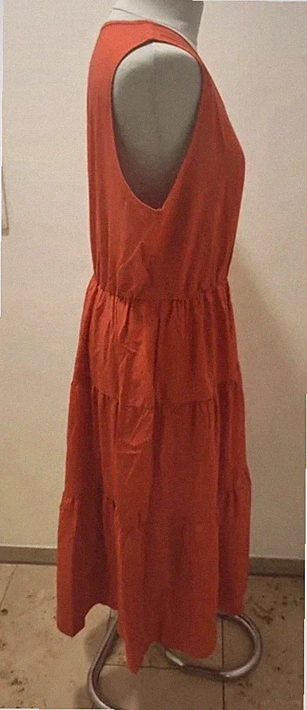 Damen Midikleid A-Linie ärmellos V-Ausschnitt elastischer Bund orange 2XL