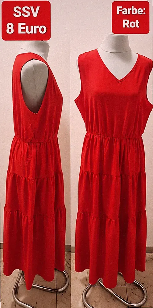 Damen Midikleid A-Linie ärmellos V-Ausschnitt elastischer Bund rot 2XL