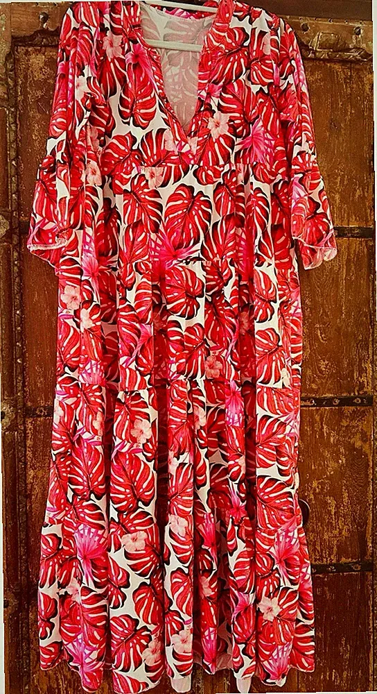 Damen Midikleid A-Linie Gr. 44 mehrfarbig Blumen V-Ausschnitt 3/4 Ärmel