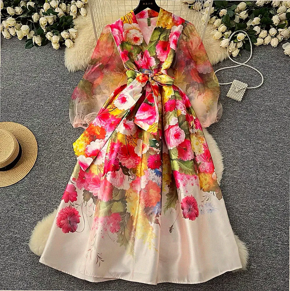 Damen Midikleid A-Linie M Mehrfarbig Blumen V-Ausschnitt Langarm Gürtel