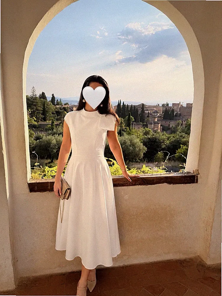 Damen Midikleid A-Linie weiß unifarben ärmellos Rundhals Baumwollmix Gr. 36
