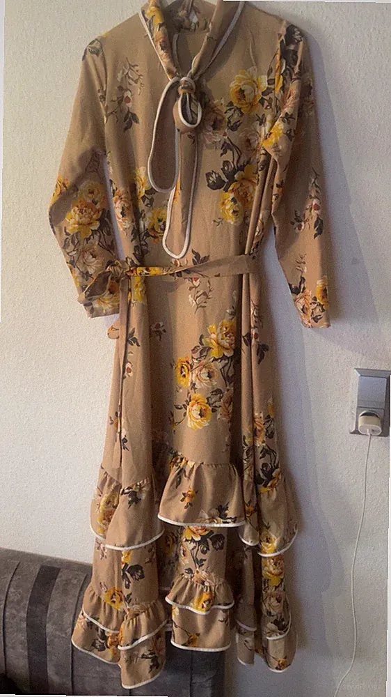 Damen Midikleid Beige/Gelb Blumen Langarm Schluppenkragen Gr. M/L