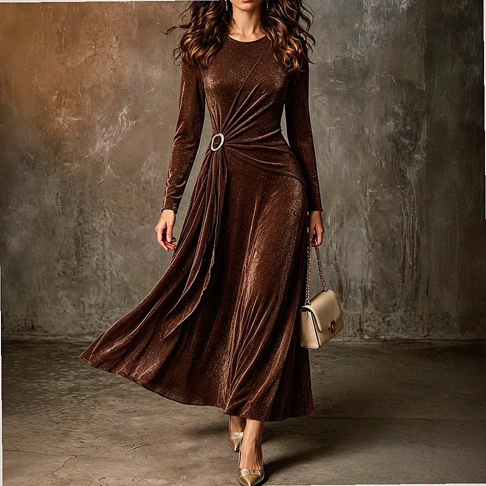 Damen Midikleid Langarm Rundhals Taillenraffung Festliche Kleid für Feier Alltag