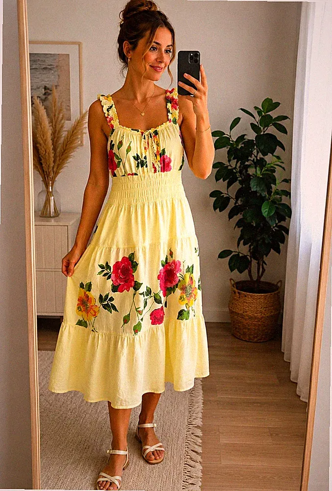 Damen Midikleid M gelb/mehrfarbig Blumen Baumwolle A-Linie ärmellos Rüsche