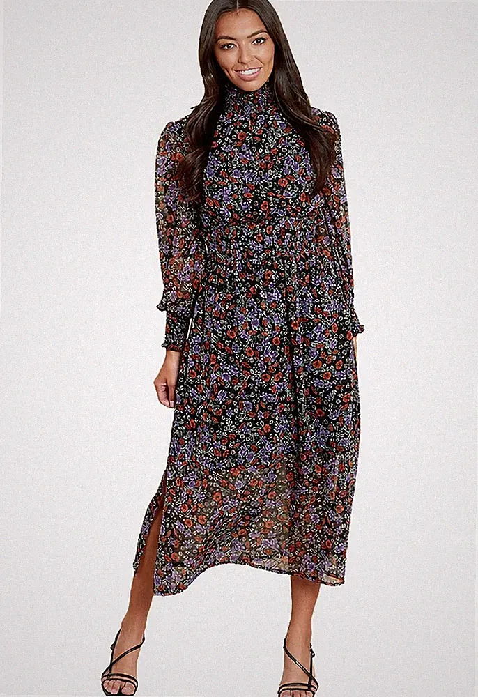 Damen-Midikleid mehrfarbig Blumenmuster gerafft hoher Ausschnitt und Taille geteilter Saum