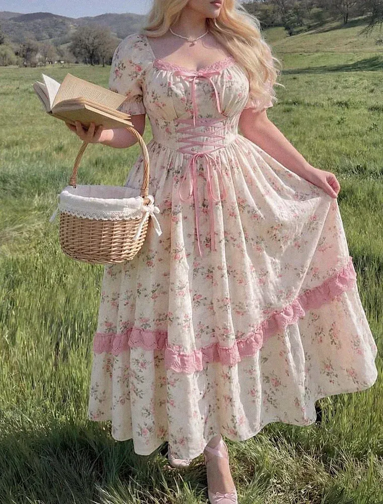Damen Midikleid XL Creme/Rosa Blumen A-Linie Herzausschnitt Puffärmel Rüsche
