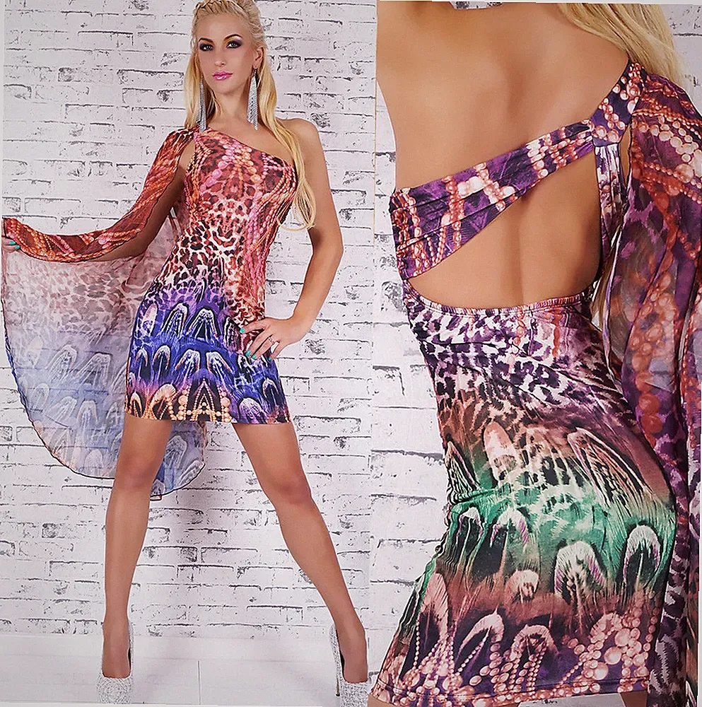 Damen Mini Kleid Party Cocktail Etui Sommer One Shoulder Schleppe bedruckt
