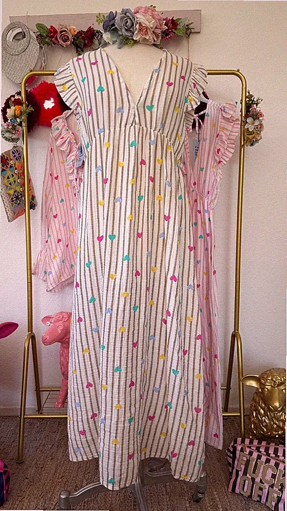 Damen Musselin Kleid Baumwolle weiß/Braun Herz 💓 Italy