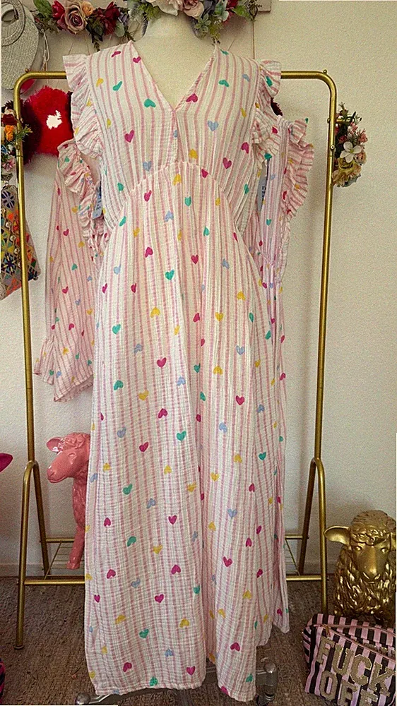 Damen Musselin Kleid Baumwolle weiß/rosa Herz 💓 Italy