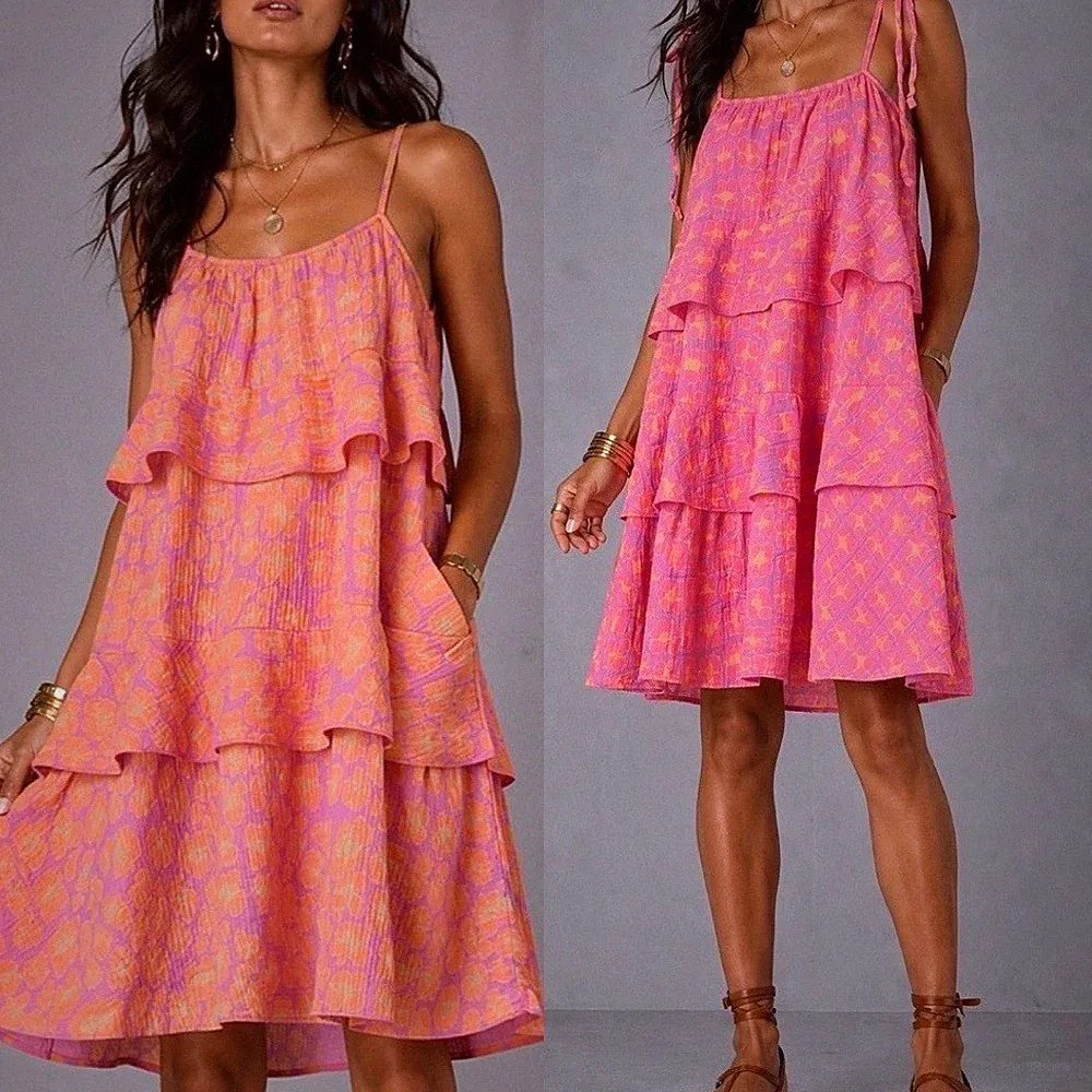 Damen Musselinkleid Kleid Musselin pink orange 36 38 40 42 Boho Hippie