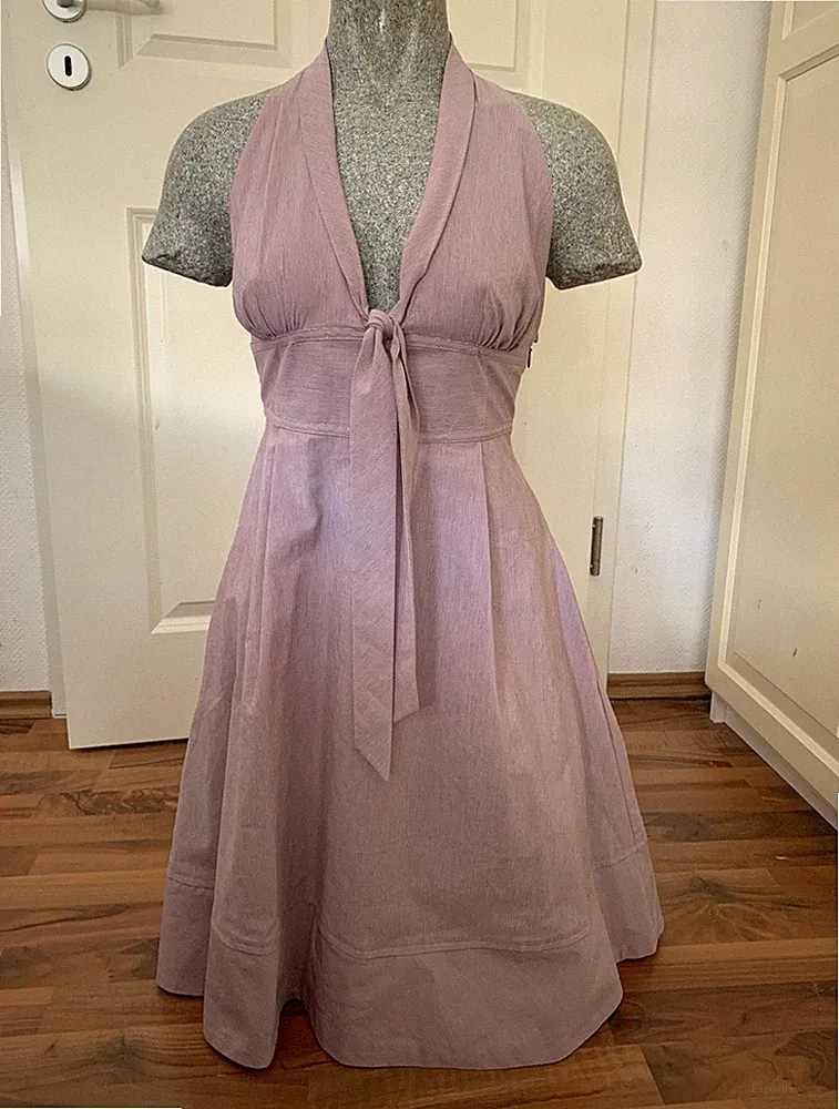 Damen Neckholder A-Linien Kleid lang lila unifarben Schleife Taschen RV