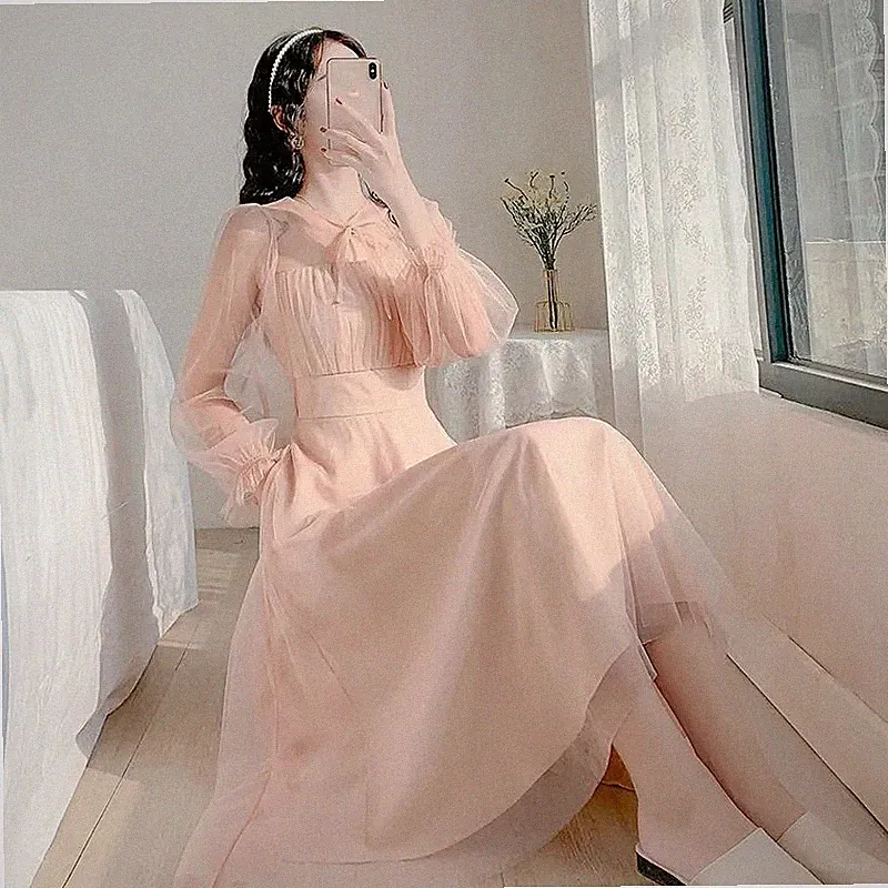 Damen Netz Netzgewebe Langärmliges Kleid A-Linie Faltenrock Party Süß Fairy