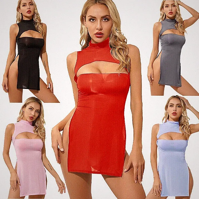 Damen Nylon Kleid Bodycon Stehkragen Etuikleid Unterkleid Babydoll Nachtwäsche