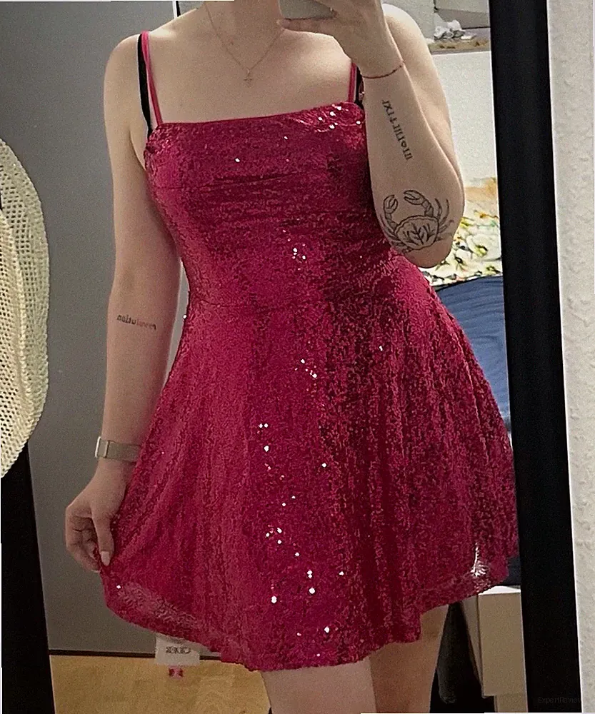 Damen Pailletten Minikleid rosa kurz ärmellos A-Linie Party/Cocktail