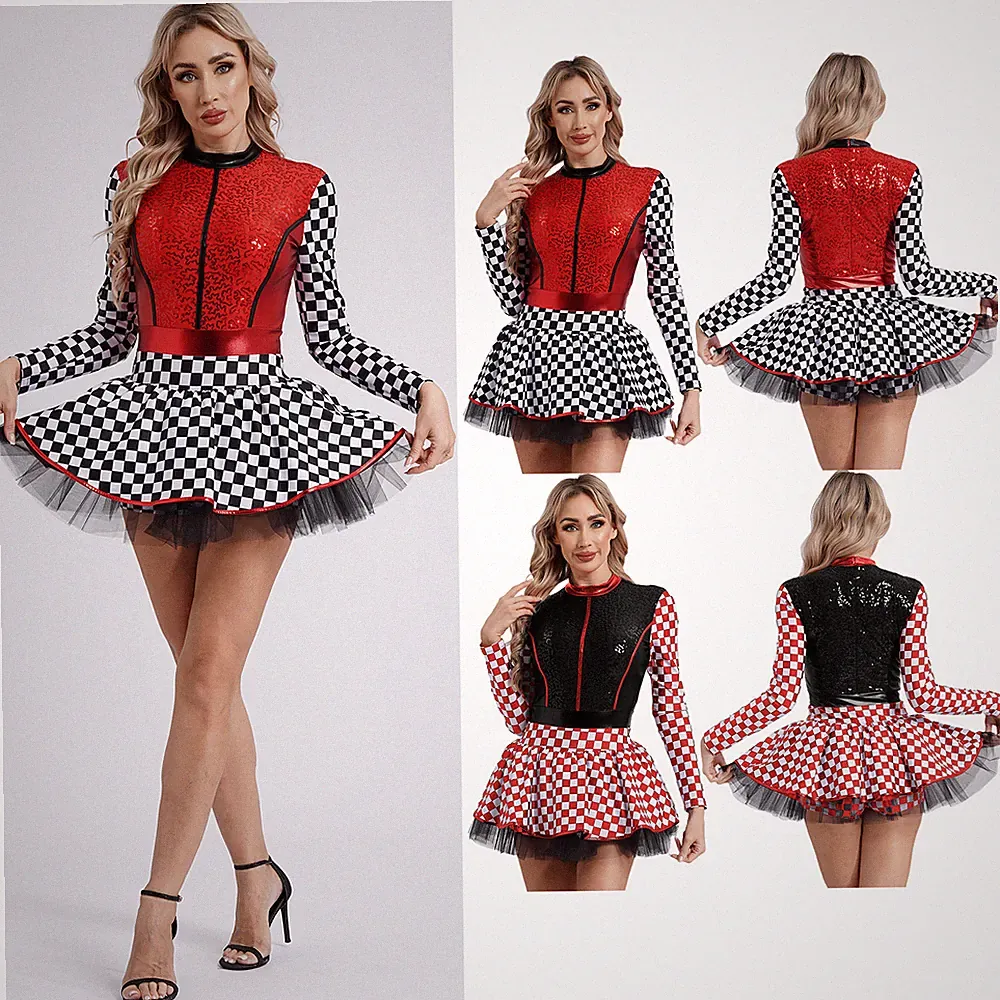 Damen Pailletten Rennfahrer Overall Schachbrett A-Linien Kleid Halloween Kostüm
