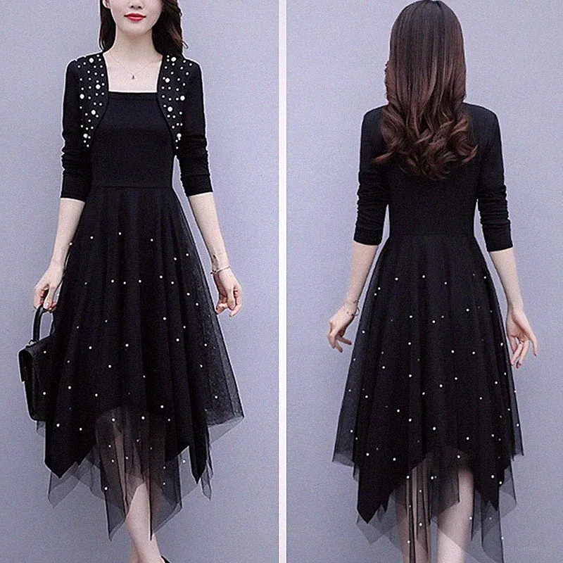 Damen Perlen Spitze Mesh Kleid Asymmetrisch A-Linie Midi Schwarz