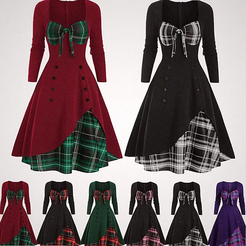 Damen Plaid Midikleid Langarm Patchwork Herzförmiger Ausschnitt A-Linie Kleid