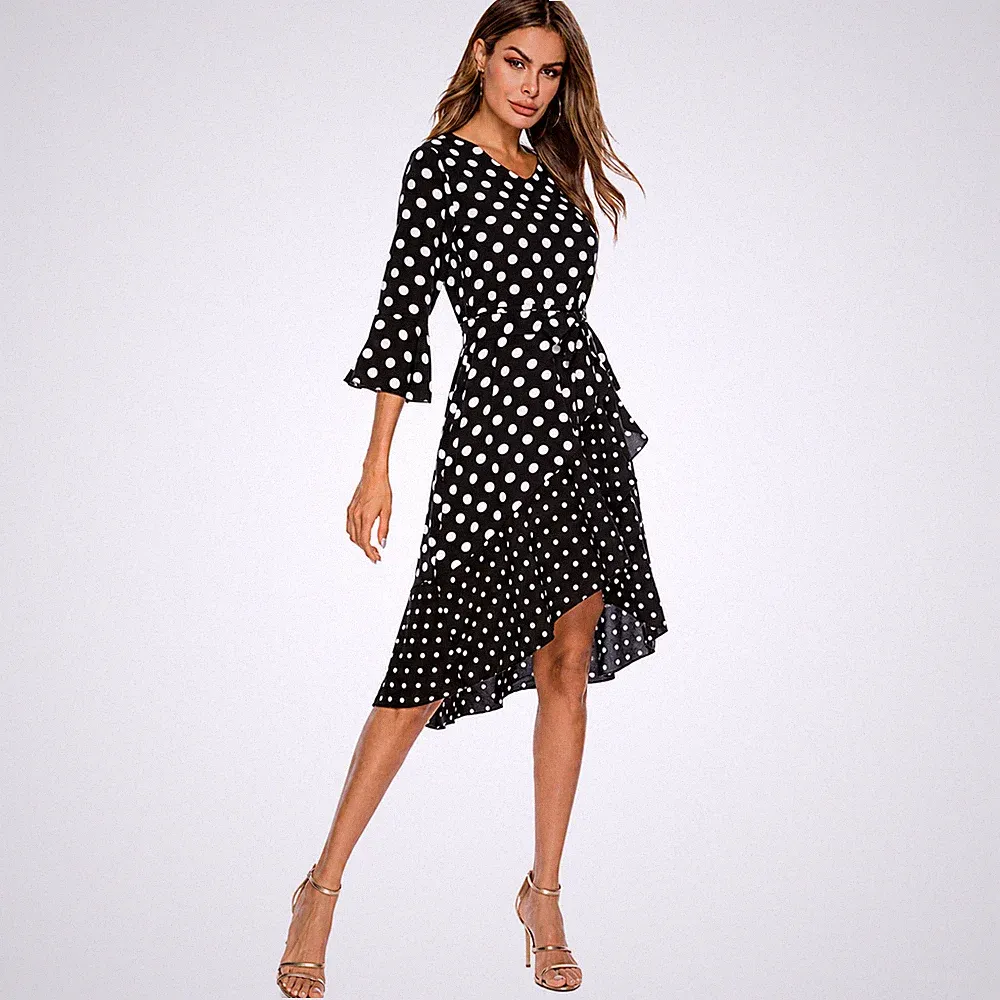 Damen Polka Dot Kleid V-Ausschnitt Tailliert Midi Tea Party Hochzeit Gast Retro