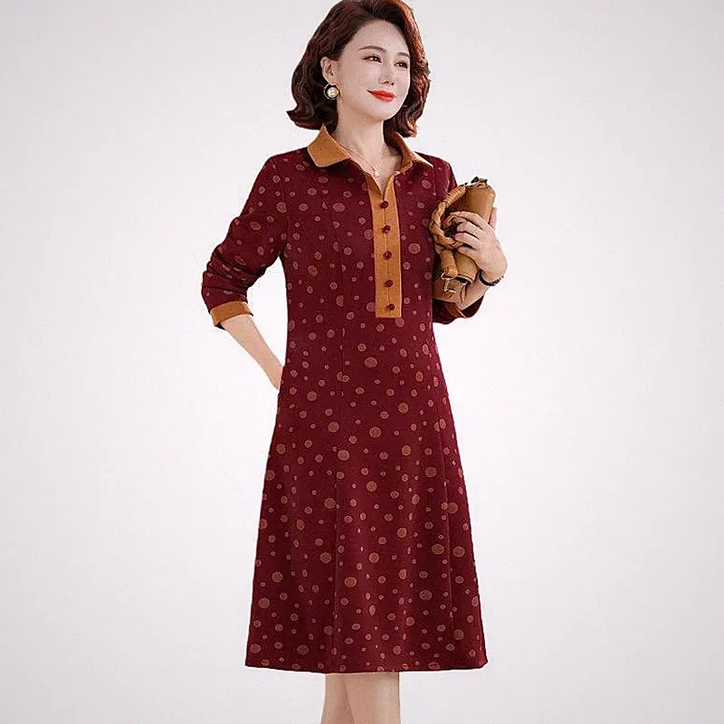 Damen Polka Dot Langarm Midi Kleid A-Linie mit Tasche Kragen Button
