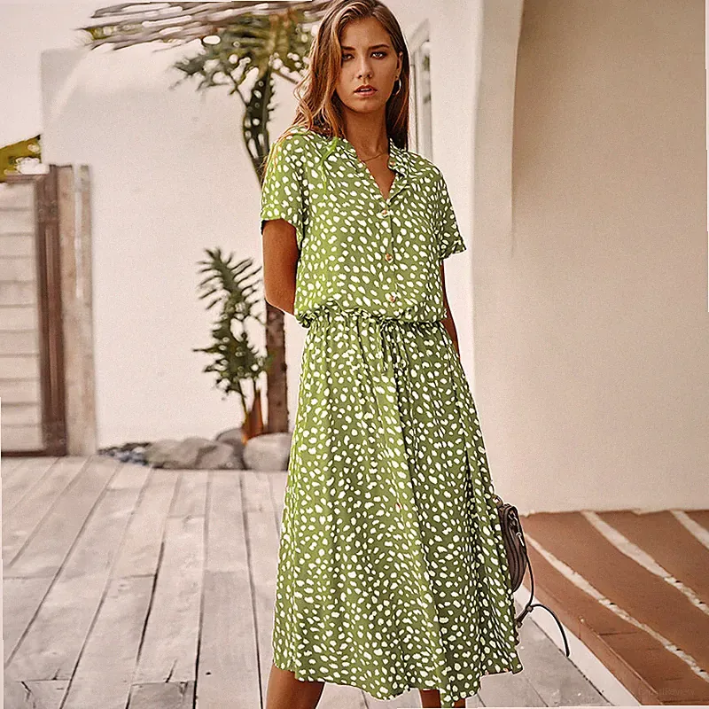Damen Polka Dot Sommerkleid Retro Knopf V-Ausschnitt A-Linie Bindegürtel
