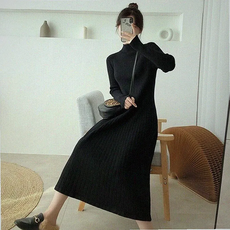 Damen Pullover Kleid Halb Rollkragen Plissiert Kleider Elegant Midi Strick