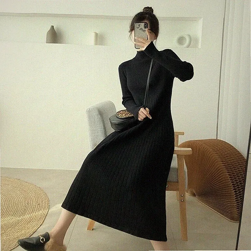 Damen Pullover Kleid Halb Rollkragen Plissiert Kleider Elegant Midi Strickwaren