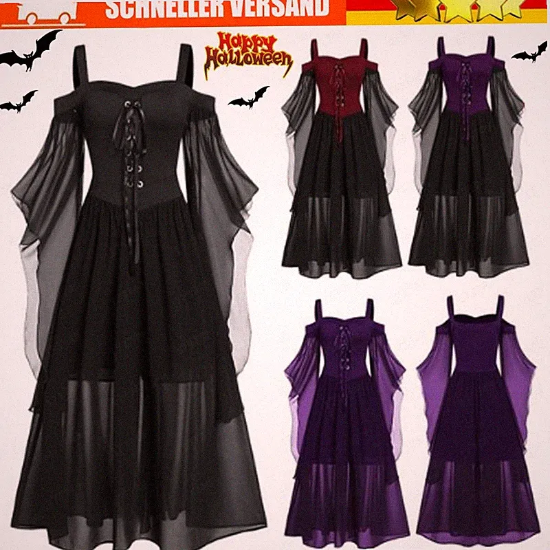Damen Punk Gothic Hexe Karneval Cosplay Kostüm Hexe Vampir Party Kleid