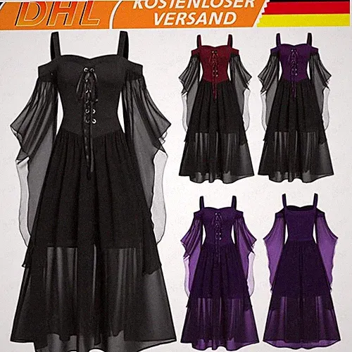 Damen Punk Gothic Party Karneval Cosplay Kostüm Hexen Lang Partykleid