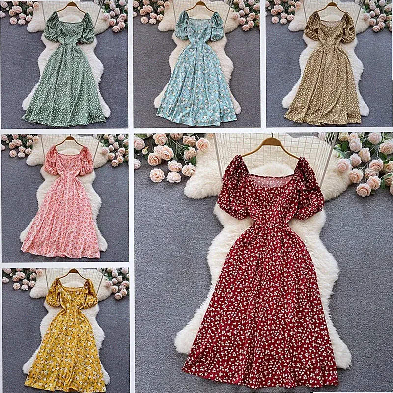 Damen Quadrat Hals Blumenmuster Lang Kleid Puffärmel Fließend A-Linie Strand Neu