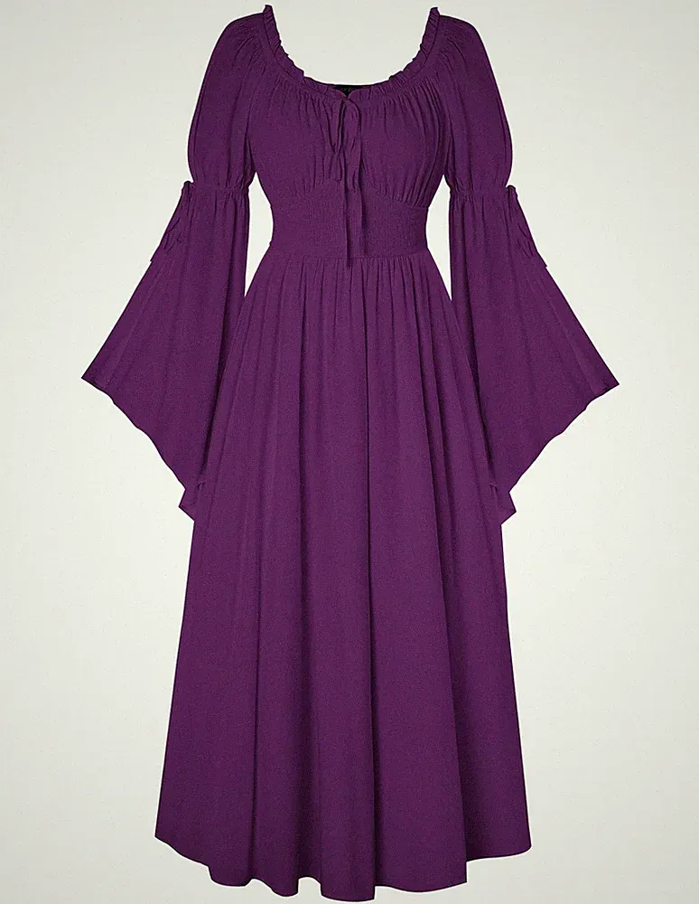 Damen Renaissance Maxikleid Gefüttert ALinie Langer Schlitz Ärmel Mittelalter...
