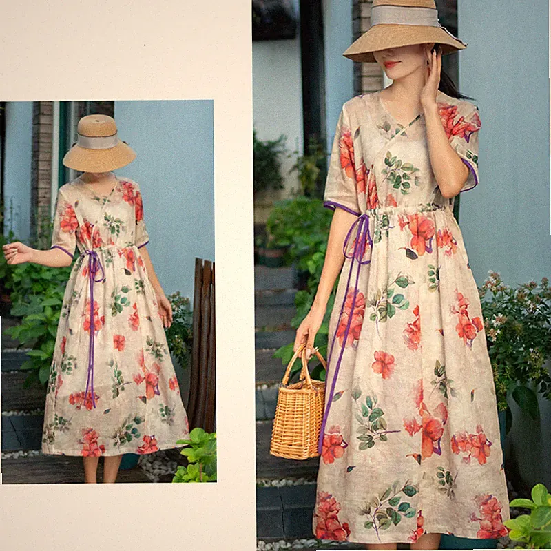 Damen Retro Blumen Kleid Leinen Baumwolle V-Ausschnitt Locker Kordelzug