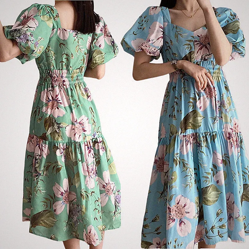 Damen Retro Eckiger Ausschnitt Kleid Kurz Puffärmel Blumenmuster A-Linie Urlaub