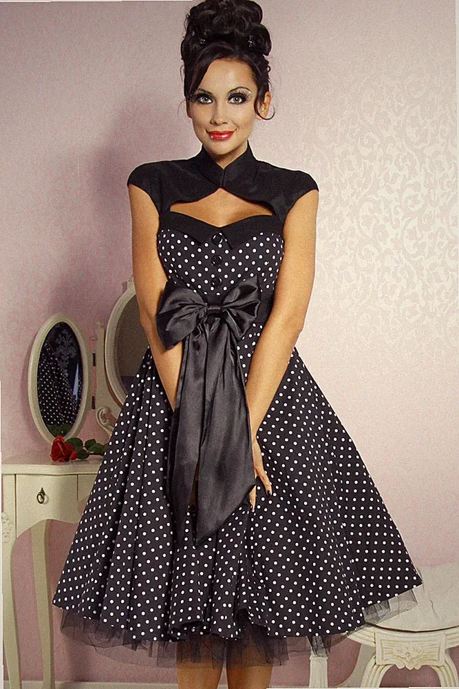 Damen Rockabilly Kleid 50er Jahre Dot schwarz Vintage Schleife Kragen 12119