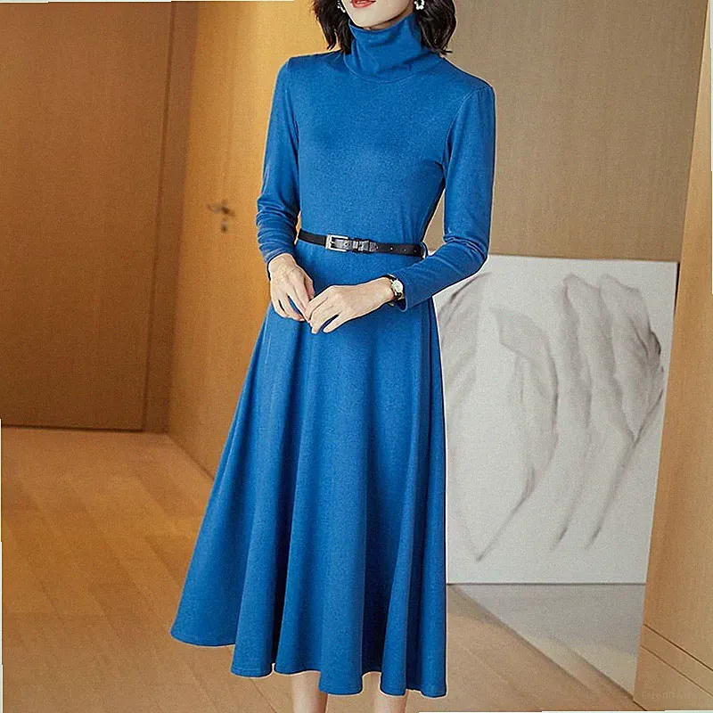 Damen Rollkragen Midikleid Taillengürtel Slim A-Linie Partykleid Langarm