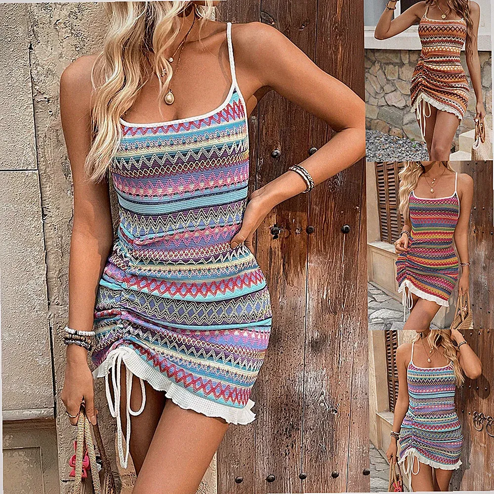 Damen Rückenfrei Minikleid Etuikleid Drucken Trägerkleid Bodycon Sommerkleid DE