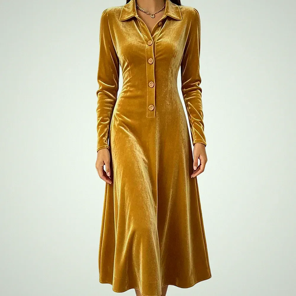 Damen Samt Midikleid Polokragen Knopfleiste Langarm A-Linie Herbst Winter