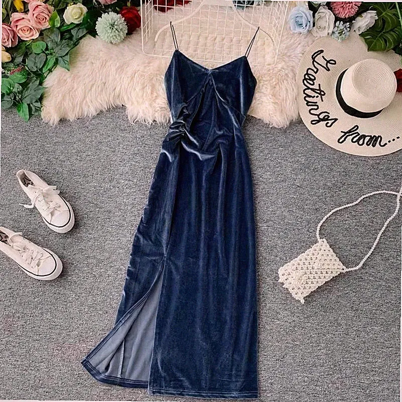 Damen Samtkleid Riemchen Sexy Retro Slim Lang Schlitz Ball Abend Rüschen