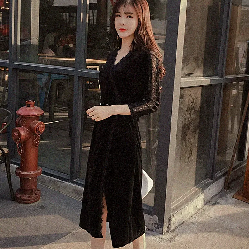 Damen Samtkleid Spitze Retro Knielänge Langärmlig V-Ausschnitt Elegant Robe Slim
