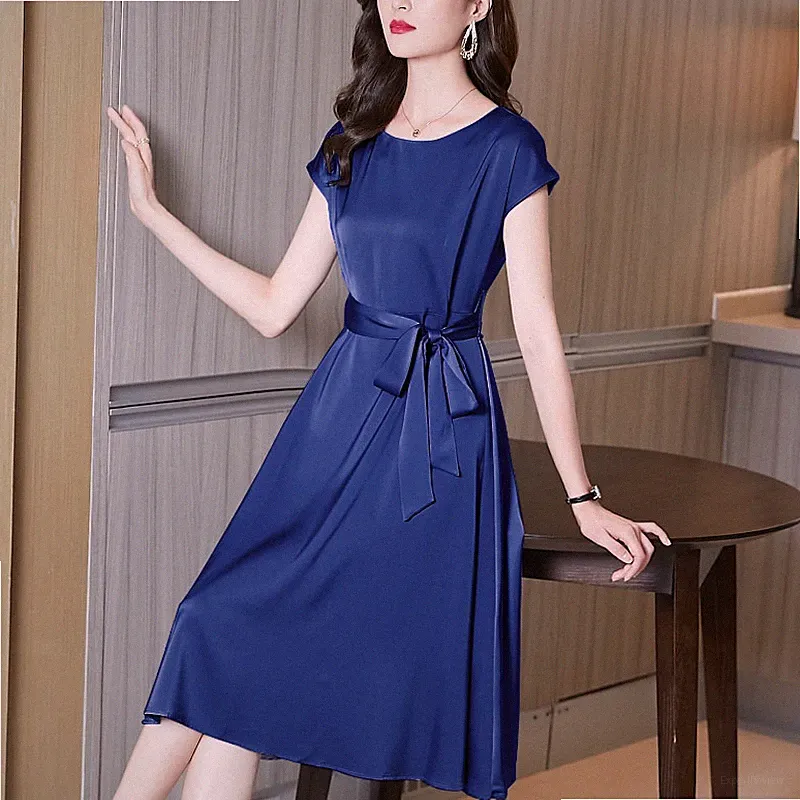 Damen Satin Abend Midi Rundhals Kleid Seidig A-Linie Kurzärmlig Elegant