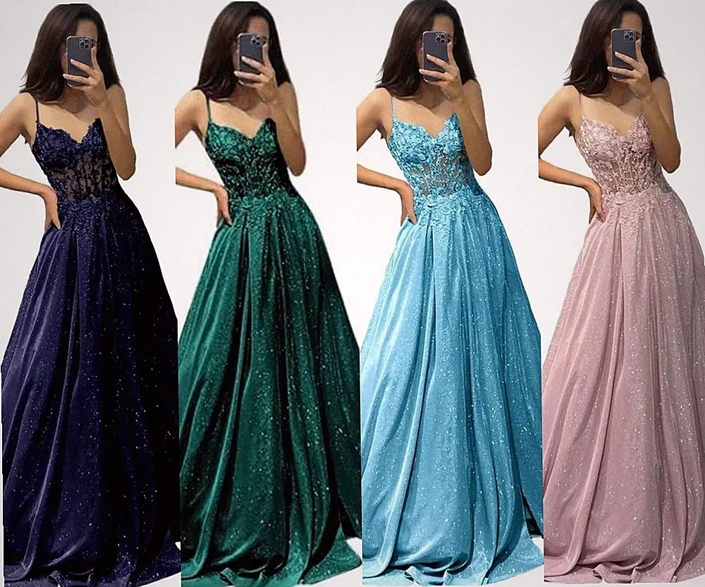 Damen Satin Abschlussballkleid V‑Ausschnitt Spaghettiträger Spitze Taschen