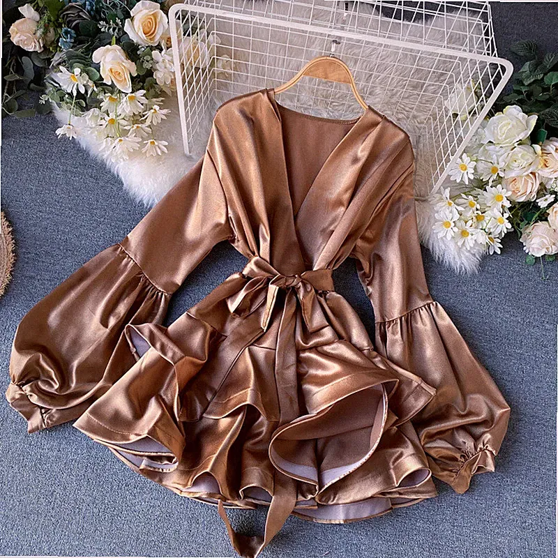 Damen Satin Mini Kleid Sexy A-Linie Laternenärmel V-Ausschnitt Rüschen Schnürung