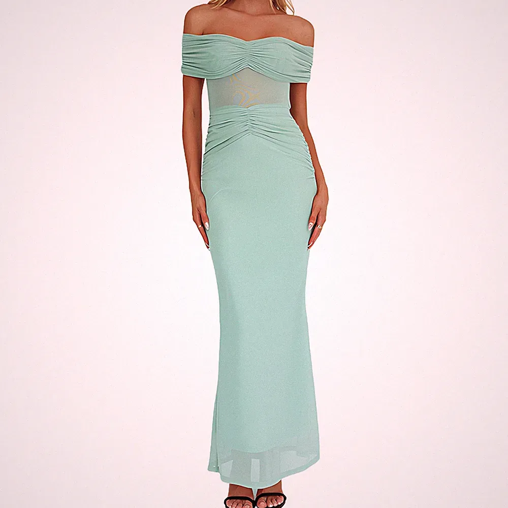 Damen Schulterfrei Figurbetontes Maxikleid Trägerlos Gerafft Hochzeitsgast 2227