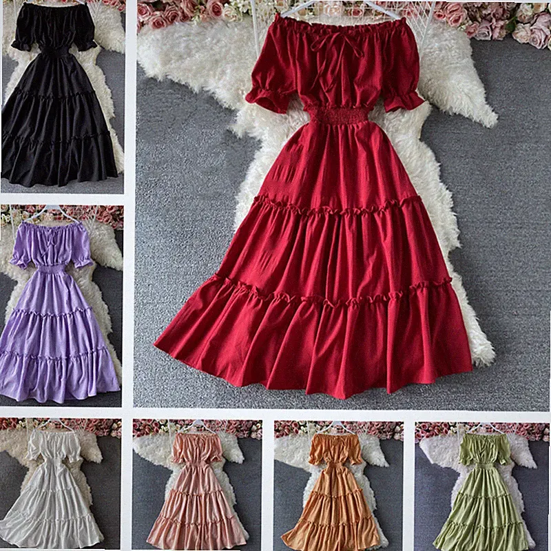 Damen Schulterfrei Rüschen Kurz Puffärmel Midi A-Linie Casual Retro Kleid