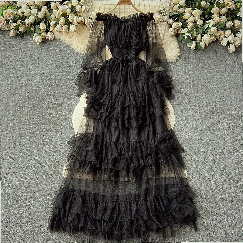 Damen Schulterfrei Tüll Netz Rüschen Langärmliges Kleid Schier Tutu-Party Sommer