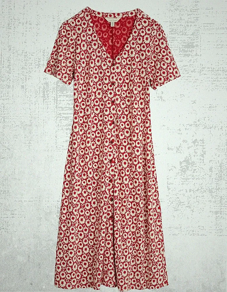 Damen Seasalt Kurzarm Baumwolle Tee Kleid V-Ausschnitt Dahila Retro Blumen