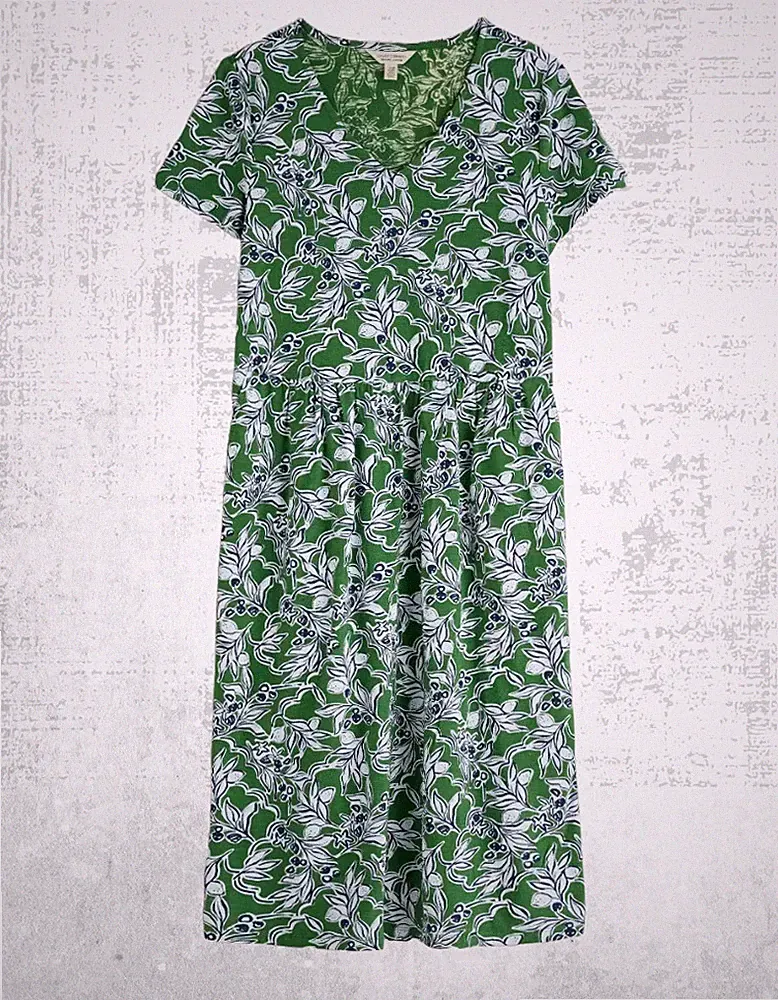 Damen Seasalt Kurzarm Blumen Baumwolle Jersey Kleid Grün Linear Blo Brus