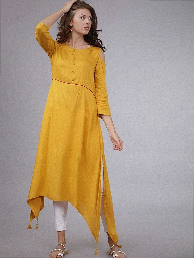 Damen Senfgelb Viskose Kurta A-Linie Tunika Indisches Kleid Eid Diwali Boho