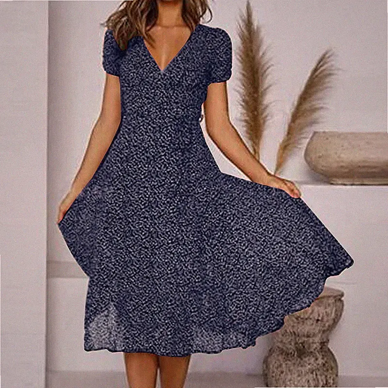 Damen Sexy Floral Bedrucktes Kleid Polyester V-Ausschnitt Kurzärmliges Kleid