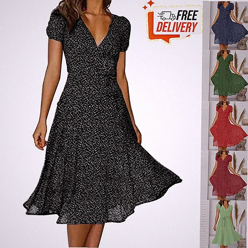 Damen Sexy Floral Bedrucktes Kleid V-Ausschnitt Kurzärmliges Langes Kleid Neu